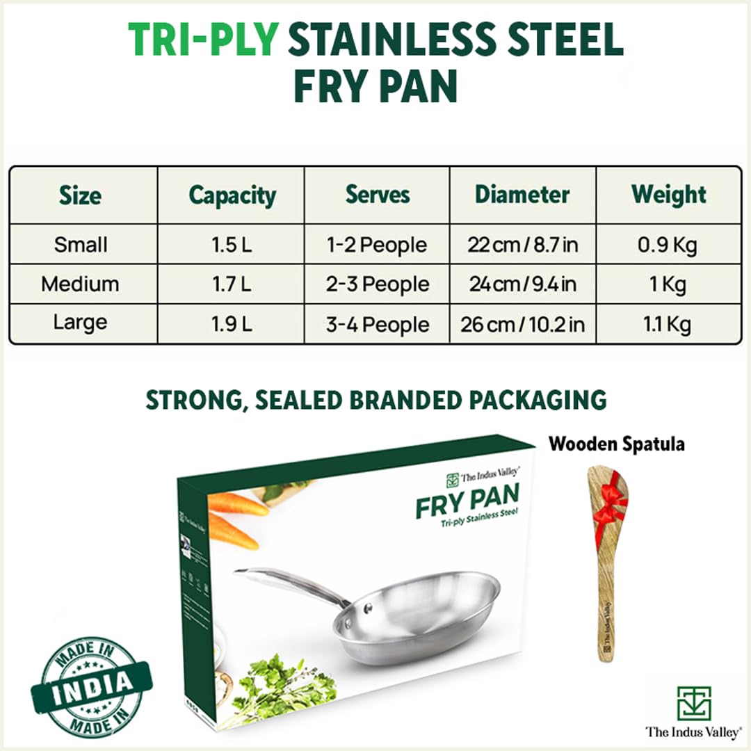 Triply Stainless Steel Fry Pan With Free Wooden Spatula For 3-4 People - Large, 26cm, 10.2 Inch, 1.9 Liters, 1.1 Kg | Induction Friendly, Nonstick 3-Layer Body, Toxin-Free, No Chemical Coating