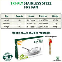 Triply Stainless Steel Fry Pan With Free Wooden Spatula For 3-4 People - Large, 26cm, 10.2 Inch, 1.9 Liters, 1.1 Kg | Induction Friendly, Nonstick 3-Layer Body, Toxin-Free, No Chemical Coating