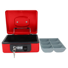Imported Metal Cash Box With Dual Combination & Password Lock Medium Size Money Box For Cash, Jewellery Safe Locker With Removable Plastic Coin Tray, Colour - Red, Material - Metal