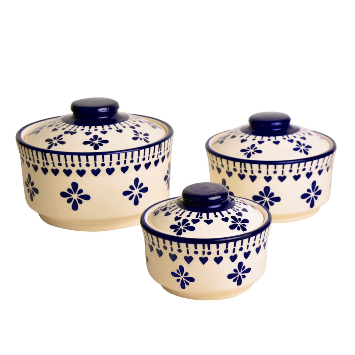 Hand Painted Ceramic Serving Donga With Lid Set Of 3 - Blue & White, 900ml, 500ml & 300ml | Dinner Serving Casserole Set