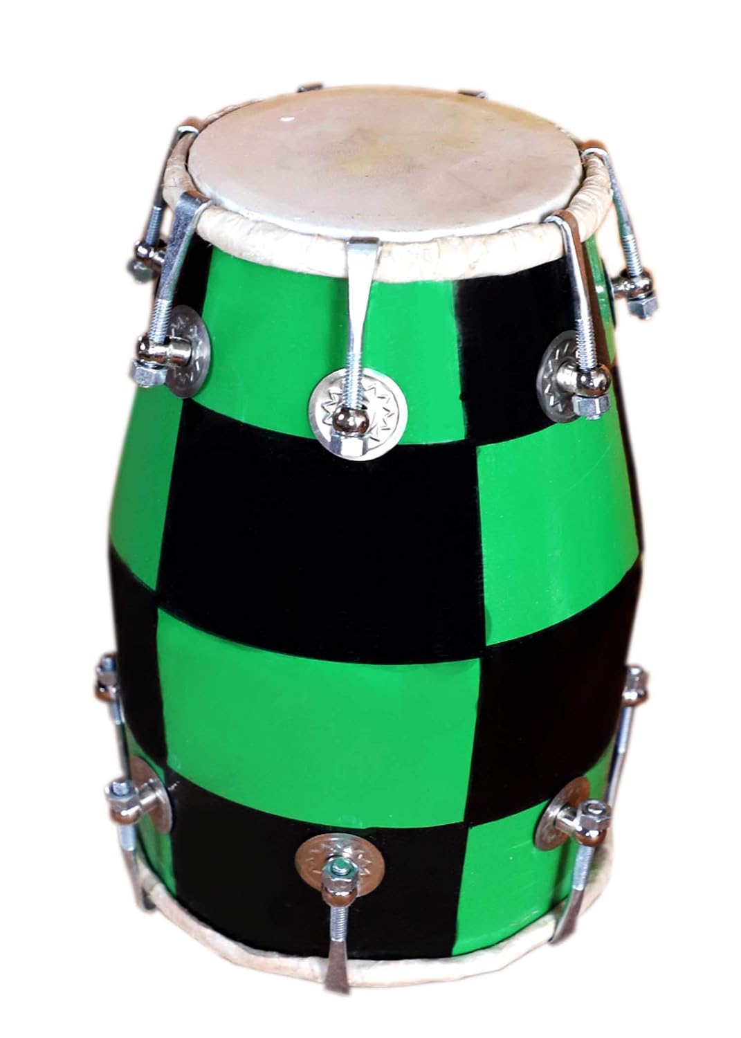 Handmade Mango Wooden 14" Baby Dholak Nut & Bold With Beautiful Check Design - Green & Black Color | Goat Skin On Both Side