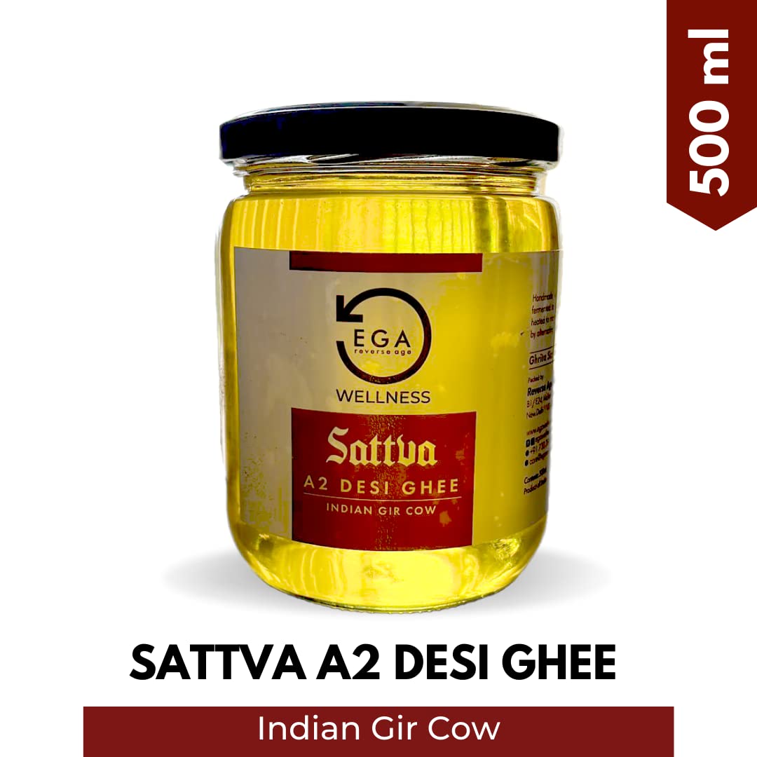 Natural Premium Sattva A2 Desi Gir Cow Ghee By Ega Wellness | High In Protein Fiber & Nutrients Healthy Desi Ghee Good For Brain Health | (500ml) 16.9 Ounce | Jar Pack