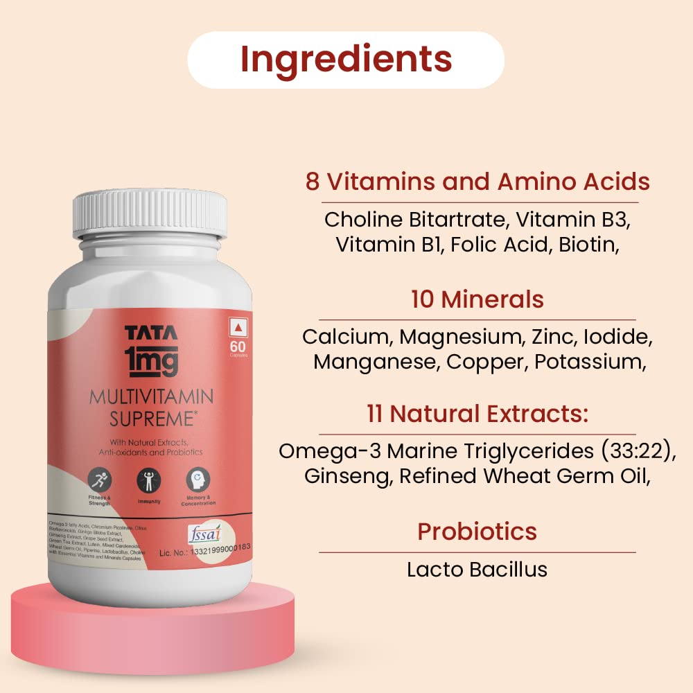 Tata 1mg Multivitamin Supreme With Zinc, Calcium, Vitamin D, Antioxidants & Probiotics , Strength, Immunity, Memory & Concentration, Energy Booster For Men & Women | 60 Capsule , 100gm 0.2lbs