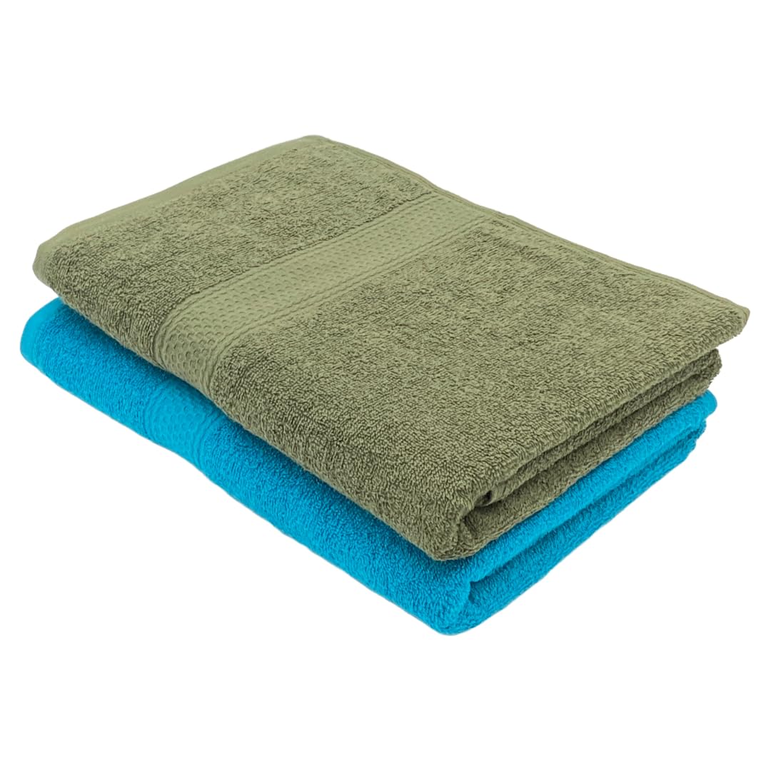 PatPug 100% Indian Ultra Soft Cotton Towel 380 Gsm | Highly Absorbent, Fade Resistant Large Bath Towel (Olive Green & Teal) - Pack Of 2