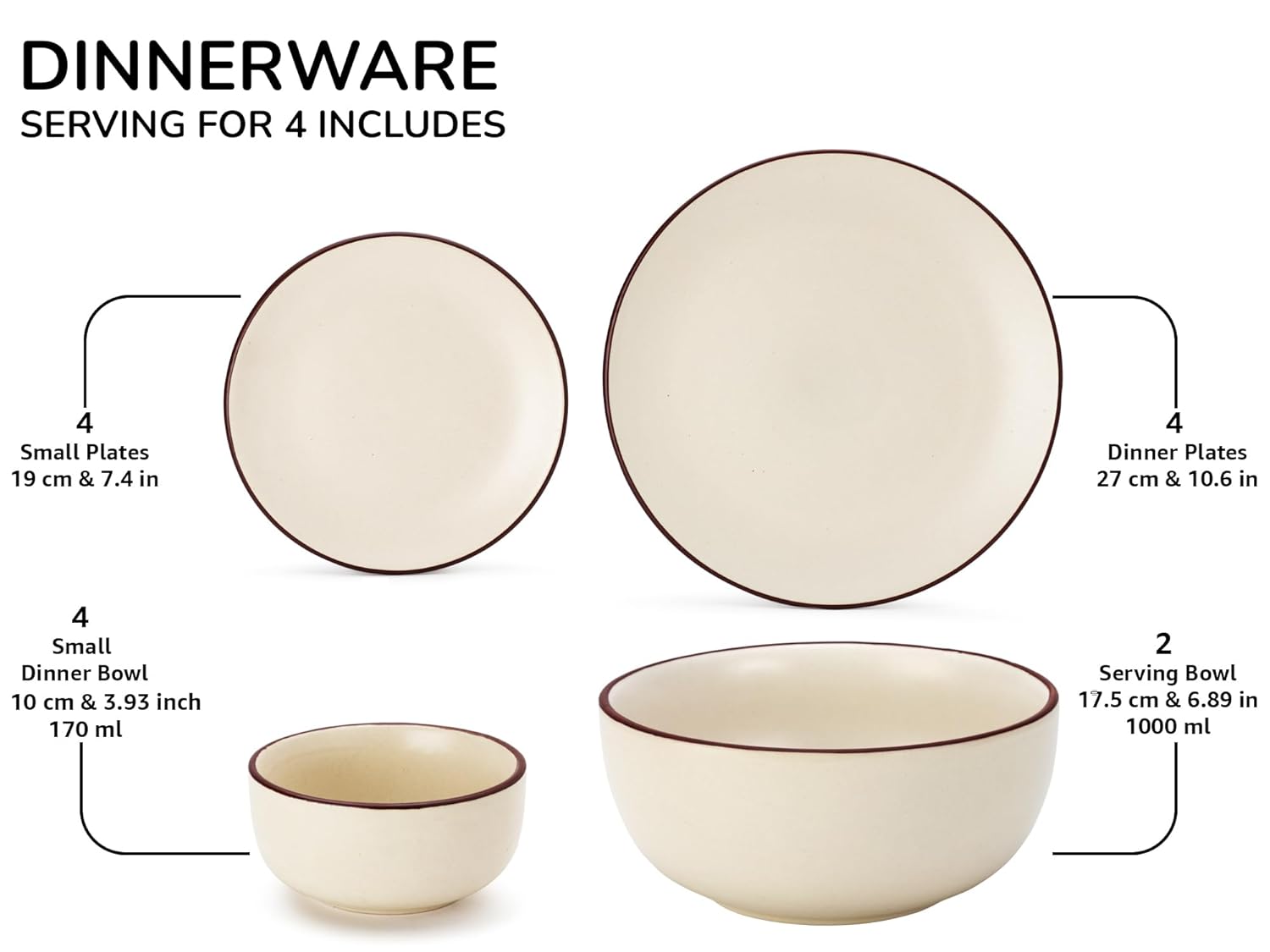 Handcrafted Ceramic Stoneware Dinner Set Of 14 Pieces With Serving Bowls Set - Off White | 4 Dinner Plates + 4 Small Plates + 4 Small Dinner Bowl, 170ml Each+ 2 Serving Bowl, 1000ml Each
