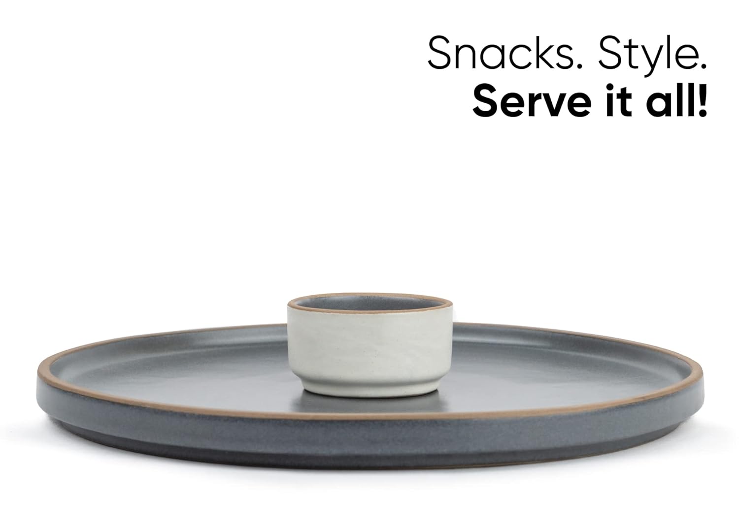 Large Round Ceramic Serving Platter, Grey - 1 Platter + 1 Dip Bowl, 75ml Japandi Series | Big Serving Plate Set With Matte Finish - Platters Serving Set | Ceramic Round Platter - Microwave Safe