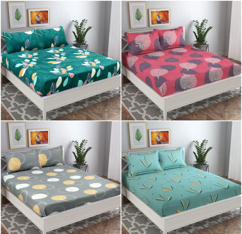 Combo Set Of 4 Bedsheets & 8 Pillow Covers - 86 X 90 Inches, Multicolor | Soft, Breathable & Skin-Friendly Fade Resistant Double Bedsheet