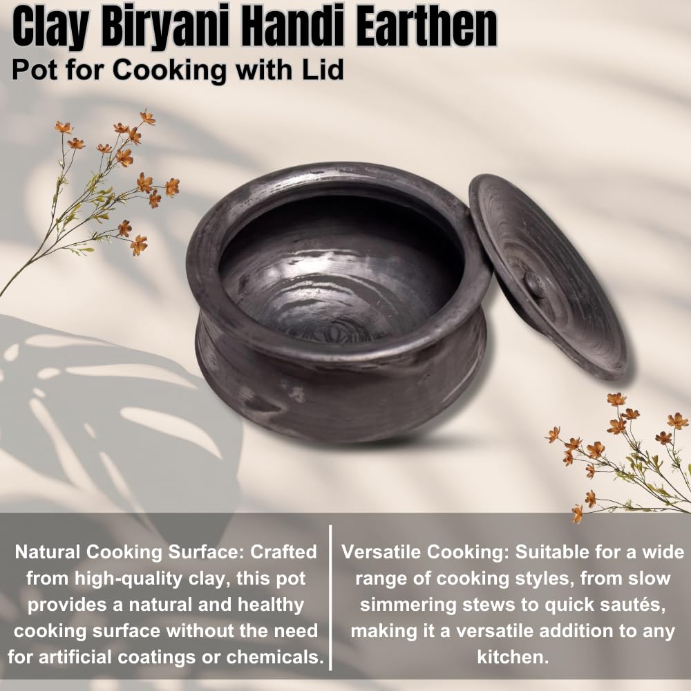 Exclusive Range Unglazed Clay Handi With Lid | Biryani Handi - Earthen Pots With Lid 2 Liters, Black