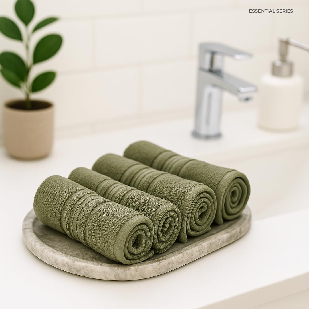 Akiko Home 100% Cotton Essential Series Face Towel 600 Gsm | Soft Absorbent & Durable Washcloth For Men & Women, Compact Travel Towel -Pack Of 4 (Green)