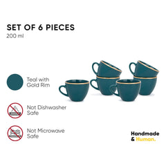 Real Gold Line Ceramic Tea Cups Set Of 6 - Teal Gold Line, 200ml Each | Tea Cup Set Of 6 - Premium Ceramic Tea Set With Glossy Finish | Ceramic Tea Cup