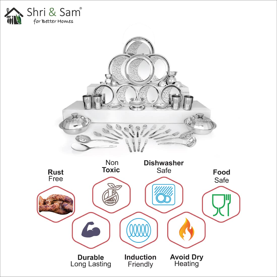 Designer Stainless Steel Delight Laser Bloom Dinner Set Of 46 Pieces, Silver | Dishwasher Safe & Easy To Clean
