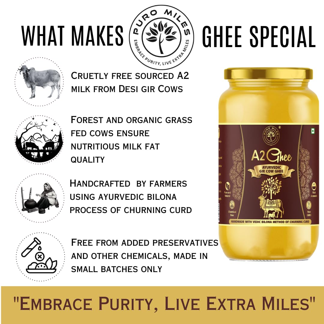 100% Natural A2 Ayurvedic Gir Cow Desi Ghee By Puro Miles | Natural & Healthy Gir Cow Cultured Desi Ghee Perfect For Cooking | (1 Litr) 33.8 Ounce | Jar Pack