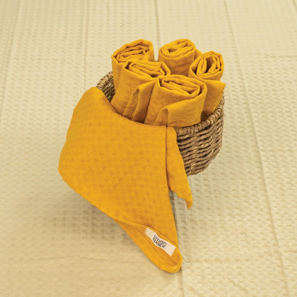 Urban Space 100% Cotton Waffle Multipurpose Hand Towel 150 Gsm | For Kitchen, Machine Washable & Reusable - Set Of 6 (Mustard)