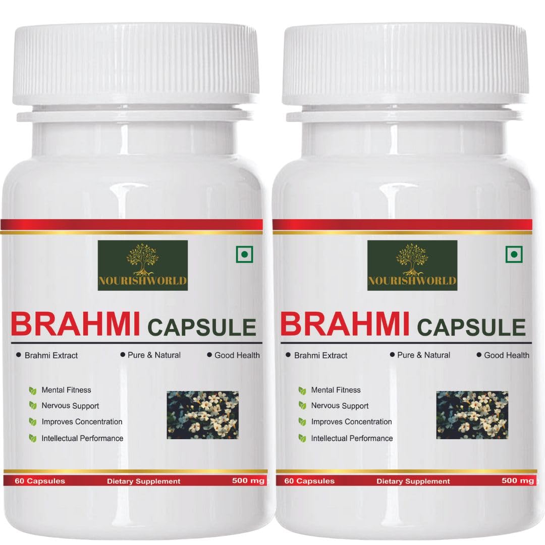 Nourishworld Brahmi Capsules Pure Herbs For Mind Wellness, Helps Improves Alertness | 60 Capsules 100gm 0.2lbs Each Pack Of 2