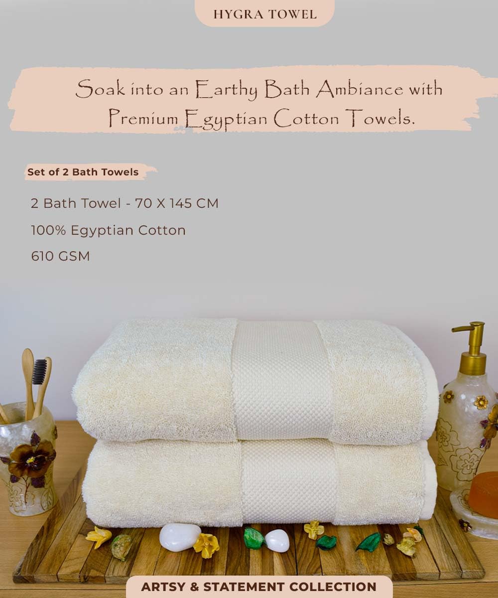 Rangoli Soft Absorbent Durable Towels Earthly Egyption Cotton Plush Luxurious Large Size Bath Towel 1000 Gsm (Cream)- Pack Of 2