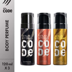 Wild Stone Code Chrome, Copper & Gold No Gas Body Perfume 360ml 12.1 Fl.oz. Pack Of 3 For Men