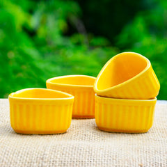 Handcrafted Ceramic Triangular Ribbed Dip Bowls Set Of 4 - Yellow, 50ml Each | Chutney Bowls - Ketchup Bowls