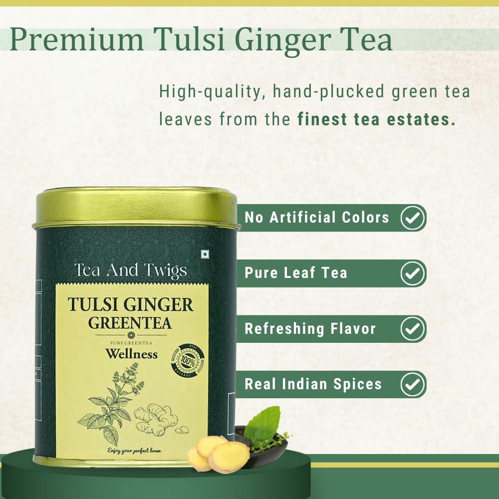 Tea And Twigs Tulsi Ginger Green Tea - 30gm, 1.05 Ounce, 15 Pyramid Teabags | 100% Pure Ingredients - Tulsi, Ginger & Green Tea | Soothing & Relaxing Tea, Low Caffeine