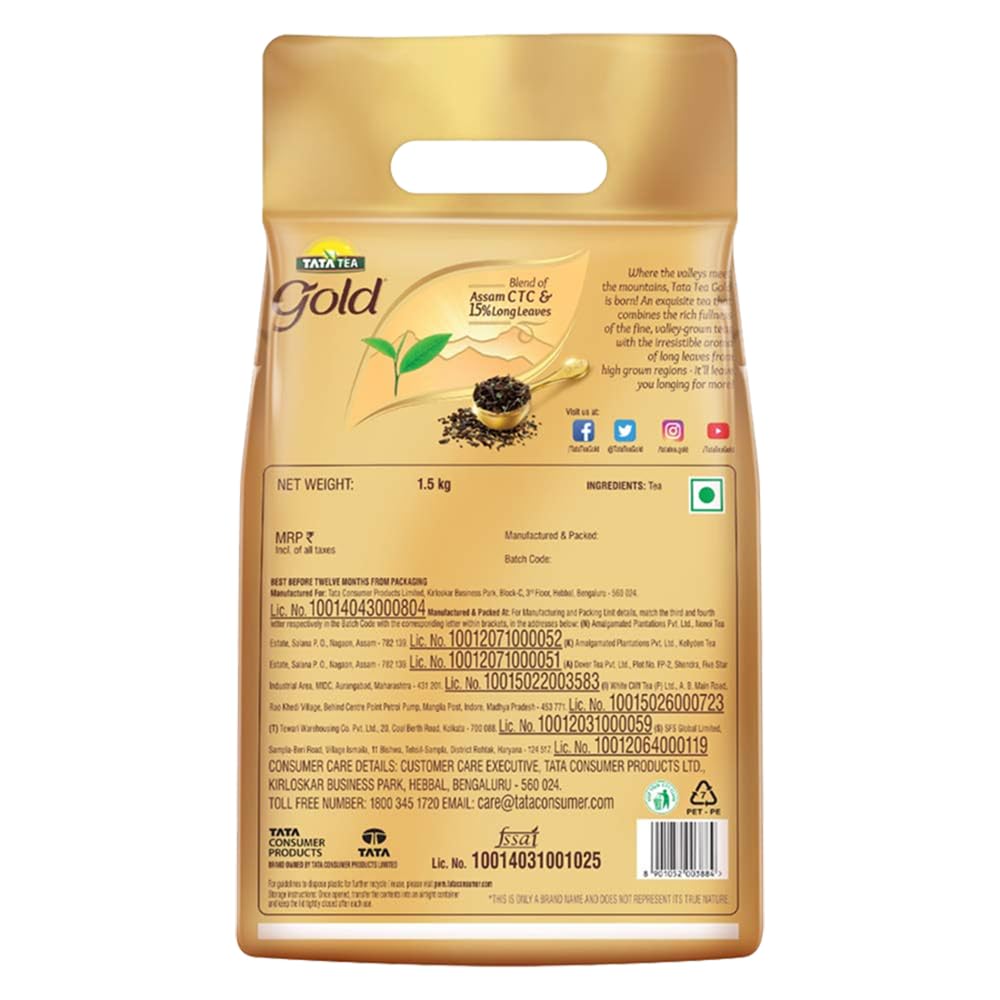 Tata Tea Gold Assam Tea - 1.5 Kg, 52.9 Ounce | Assam Teas With 15% Gently Rolled Aromatic Long Leaves - Medium Caffeine, Rich Taste Chai Patti