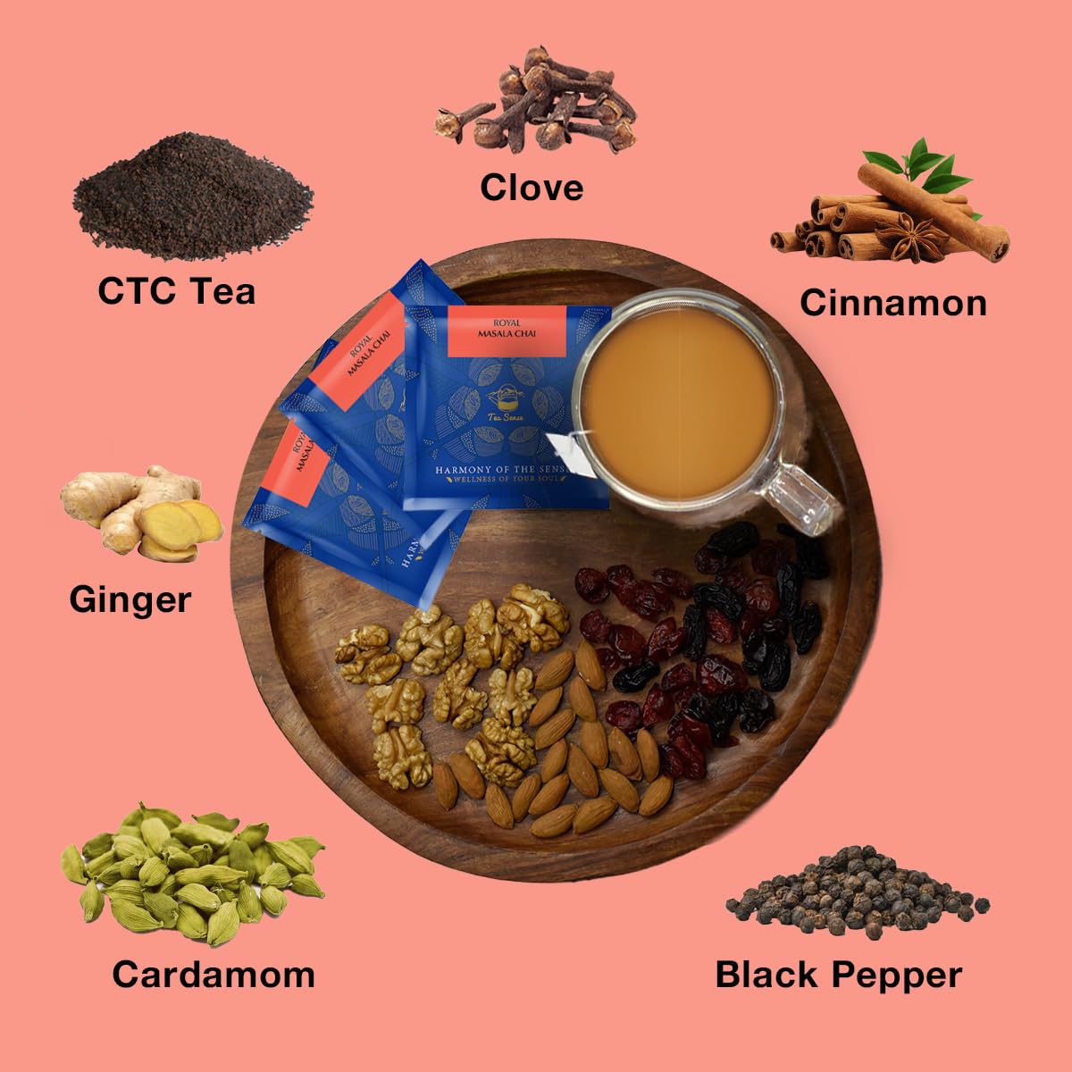 Tea Sense Royal Masala Chai - 15 Pyramid Tea Bags | Assam CTC, Ginger, Cardamom, Clove, Cinnamon, Black Pepper, Star Anise - Strong & Kadak Chai Patti, High Caffeine