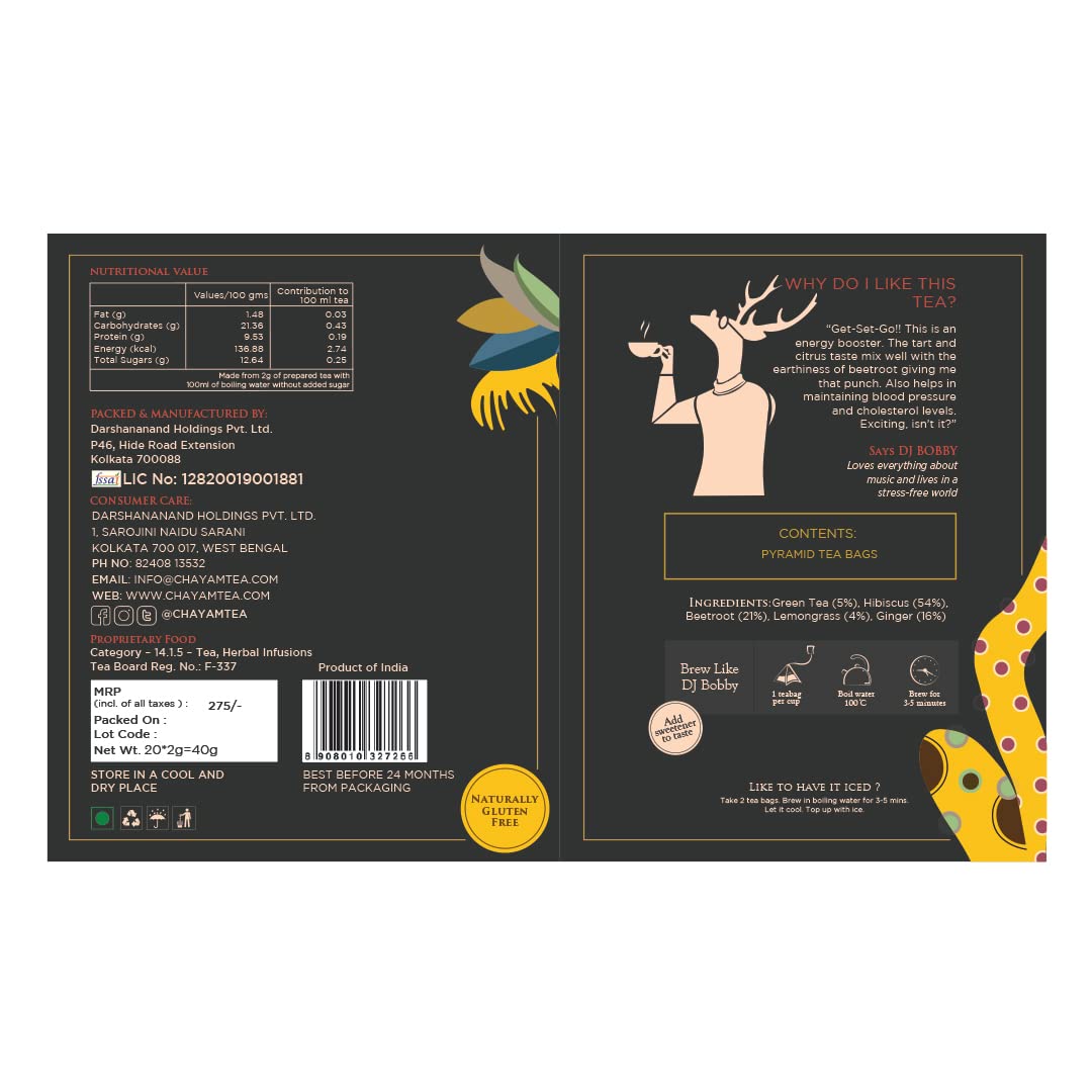 Chayam Mellow Hibiscus Tea - 20 Pyramid Tea Bags | Blended With Lemongrass, Ginger, Beetroot & Hibiscus - Make Iced Or Hot Tea | Low Caffeine, Gluten Free, No Added Sugar