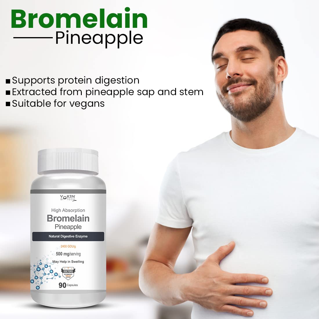 Vokin Biotech Bromelain Pineapple Digestive Enzyme- 2400 Gdu/ G - 500 Mg | 90 Capsules 150gm 0.3lbs