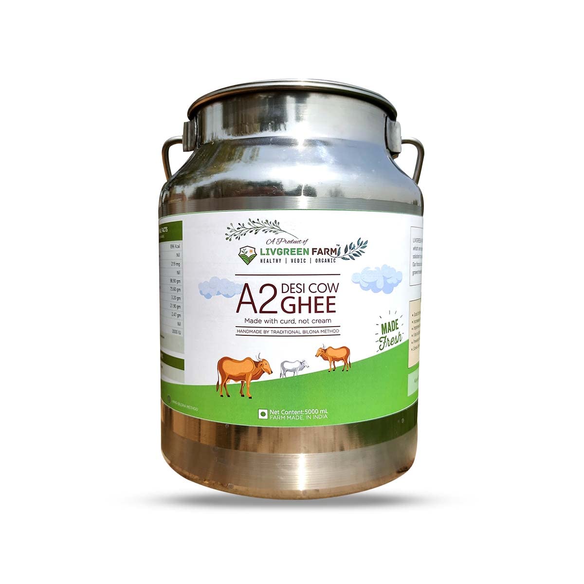 Pure Natural A2 Desi Cow Ghee By Livgreen Farm | Rich In Nutrients & Healthy Bilona Method Pure Desi Ghee Good For Cooking | (5 Litre) 169.0 Ounce | Steel Jar