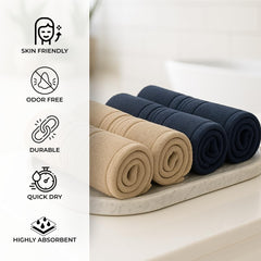 Akiko Home 100% Cotton Essential Series Face Towel 600 Gsm | Soft Absorbent & Durable Washcloth For Men & Women, Compact Travel Towel -Pack Of 4 (Beige & Navy)