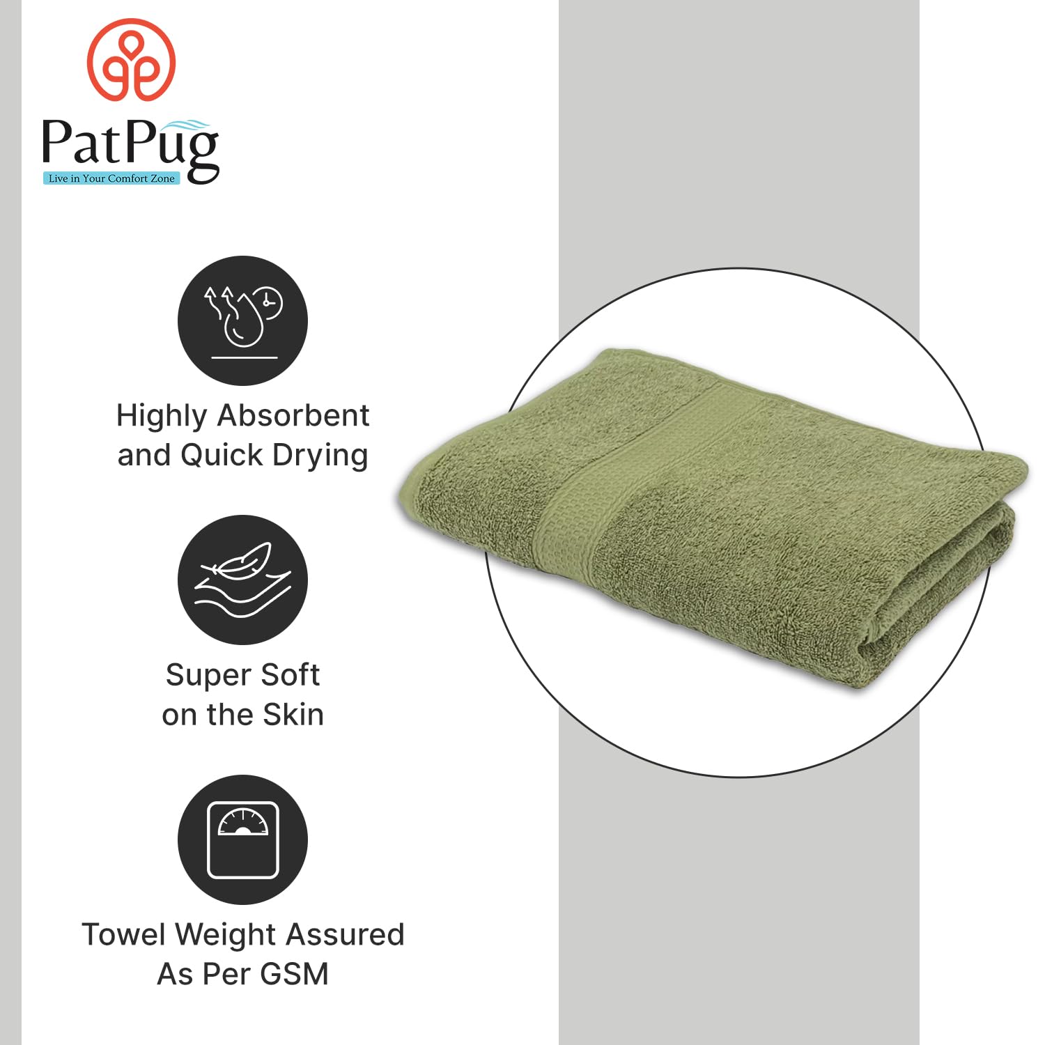 Patpug 100% Indian Ultra Soft Cotton 500 Gsm Highly Absorbent, Fade Resistant, Quick Drying Large Bath Towel (Olive Green)