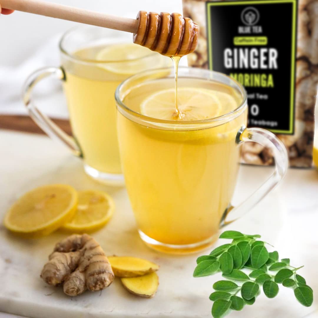 Blue Tea Caffeine Free Ginger Moringa Herbal Tea - 10 Pyramid Tea Bags In Zipper Pack | Enhances Immune System - Gluten Free, Non-GMO