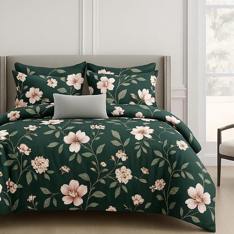 Queen Size Printed Double Bedsheet With Two Pillow Covers For Home | 90 X 100 Inches, Dark Green - Beautiful Bedsheet Set | Perfect For Gifting Wedding, Anniversary