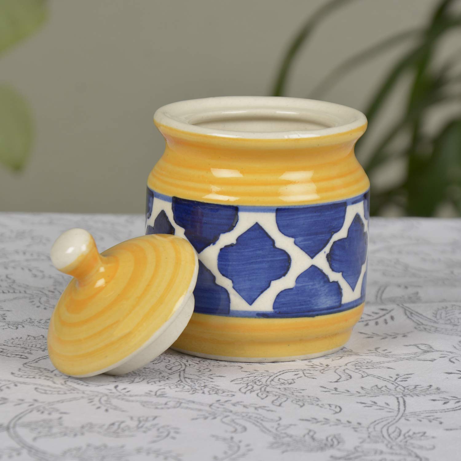 Ceramic Pickle Serving Jar Set With Tray Set Of 2 - 200ml Each, Yellow & Blue | Condiment Set - Pickle Jar Set For Dining Table | Masala Container