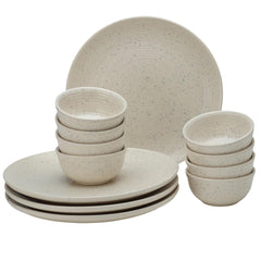 Handcrafted Ceramic Stoneware Dinner Set - Pack Of 12 Pcs, Ivory White | 4 Dinner Plates, 10.6 Inch Each + 8 Salad Bowl, 180ml Each - Microwave & Dishwasher Safe | Crockery Set For Dining & Gifting