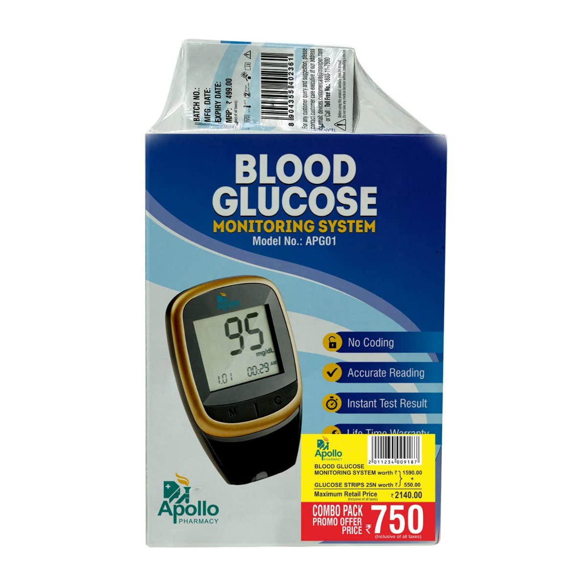 Apollo Pharmacy Blood Glucose Monitoring System With 25 Test Strips Combo, 1 Kit - Model No. APG01