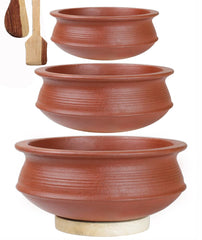 Deep Burned Uncoated Clay Pot Or Mitti Handi Combo With 2 Wooden Spatulas Complimentary Pack Of 3 - Red, 1+2+4 Liters | Pre-Seasoned Mud Pot - Unglazed, Double Fired, Hand Crafted