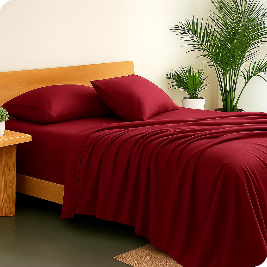 Double Bedsheet For Queen Size With 2 Matching Pillow Cover - 90 X 100 Inches, Burgundy | Breathable & Durable, Soft Touch & Perfect For All Seasons