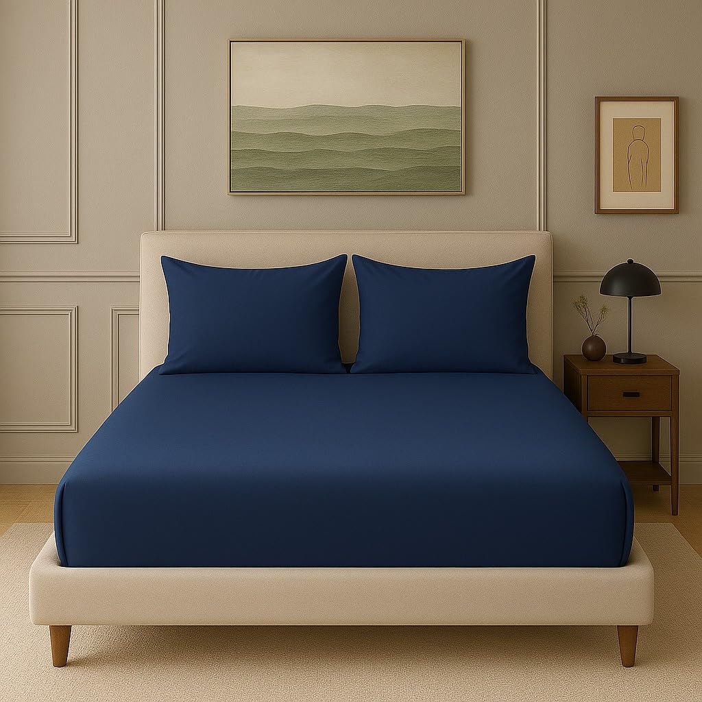 Bamboo Elastic Fitted Bedsheet With 2 Pillow Cover - 72 X 78 Inches, Mediterranean Blue | Soft, Breathable & Eco-Friendly | Perfect Gifting Festival, Housewarming, Anniversaries