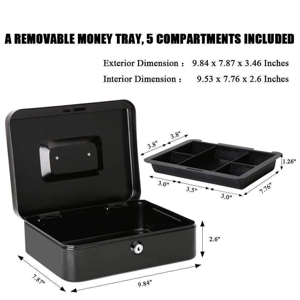 Locking Large Metal Cash Box With Money Tray, Lock Box, Colour - Black, Material - Metal, Special Feature - Portable