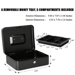 Locking Large Metal Cash Box With Money Tray, Lock Box, Colour - Black, Material - Metal, Special Feature - Portable
