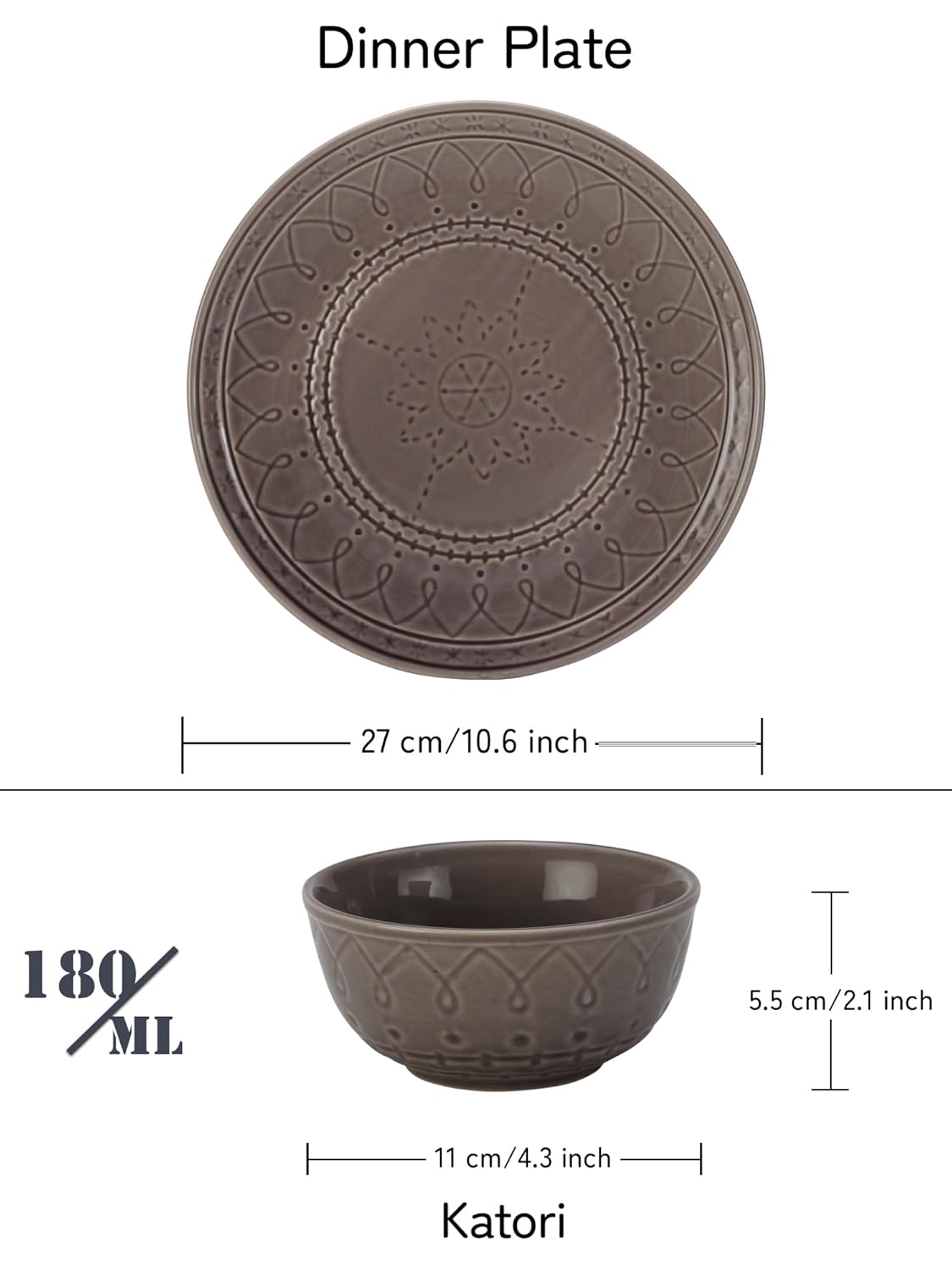 Handcrafted Stoneware Embossed Dinner Set Of 6 - Ceramic Pack Of 12 Pcs, Ash Grey | 4 Dinner Plates + 4 Bowl Or Katori, 180ml Each - Microwave & Dishwasher Safe | Serving For 6