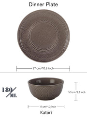 Handcrafted Ceramic Embossed Dinner Set Of 18 Pcs - Ash Grey | 6 Dinner Plates + 12 Small Dinner Bowl, 180ml Each - Microwave & Dishwasher Safe | Crockery Set For Dining & Gifting