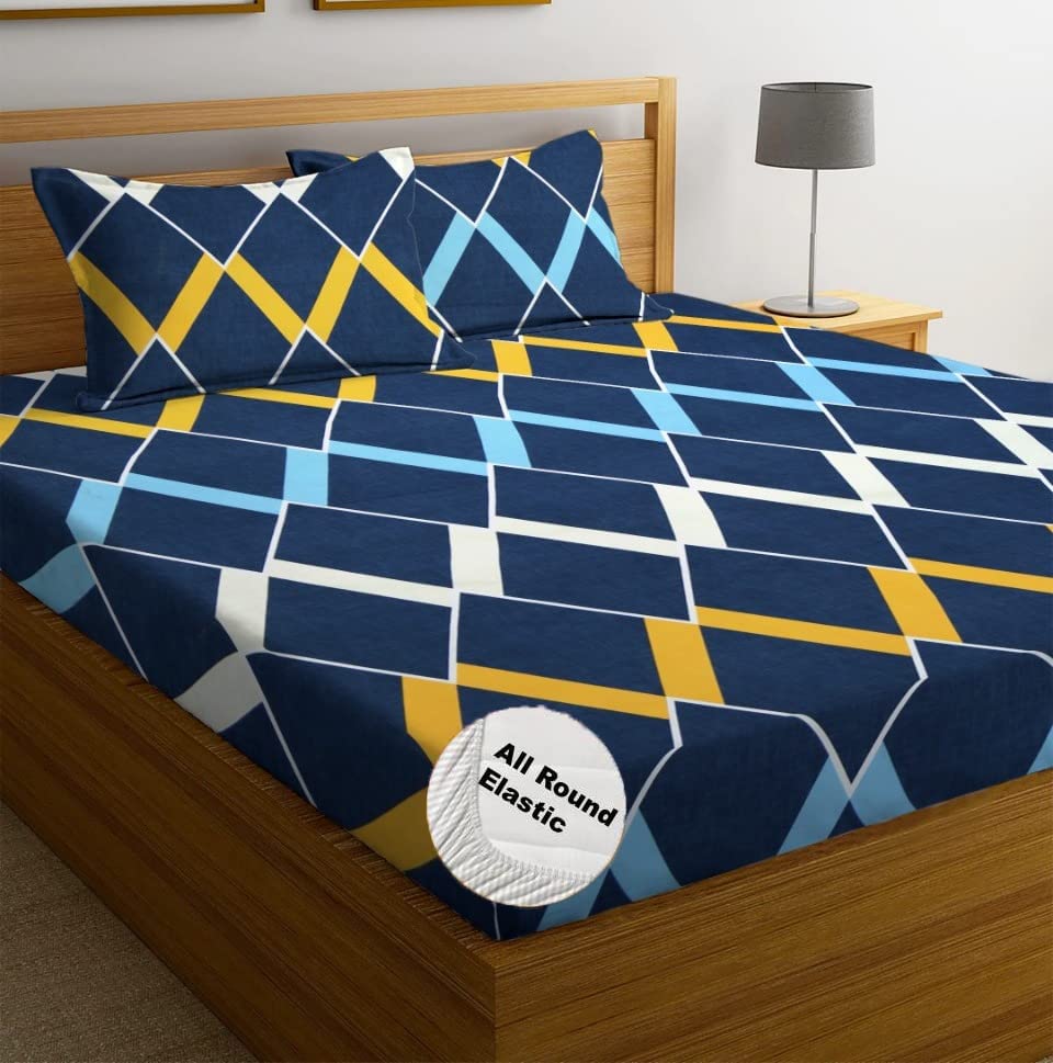 Queen Size Double Bedsheet With 2 Pillow Cover - Size 60 X 78 X 10 Inches, Multicolor | Cotton Elastic Fitted All Around Bedsheet - Breathable & Wrinkle Free