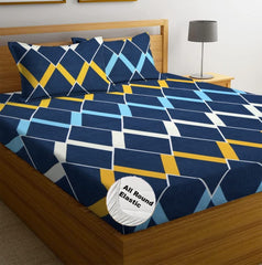 Queen Size Double Bedsheet With 2 Pillow Cover - Size 60 X 78 X 10 Inches, Multicolor | Cotton Elastic Fitted All Around Bedsheet - Breathable & Wrinkle Free