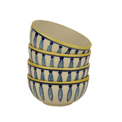 Hand Painted Ceramic Dinner Serving Bowls Set Of 4 - White & Blue, 200ml Each | Salad Bowls - Vegetable & Dessert Serving Bowls | Kitchen Bowl Set