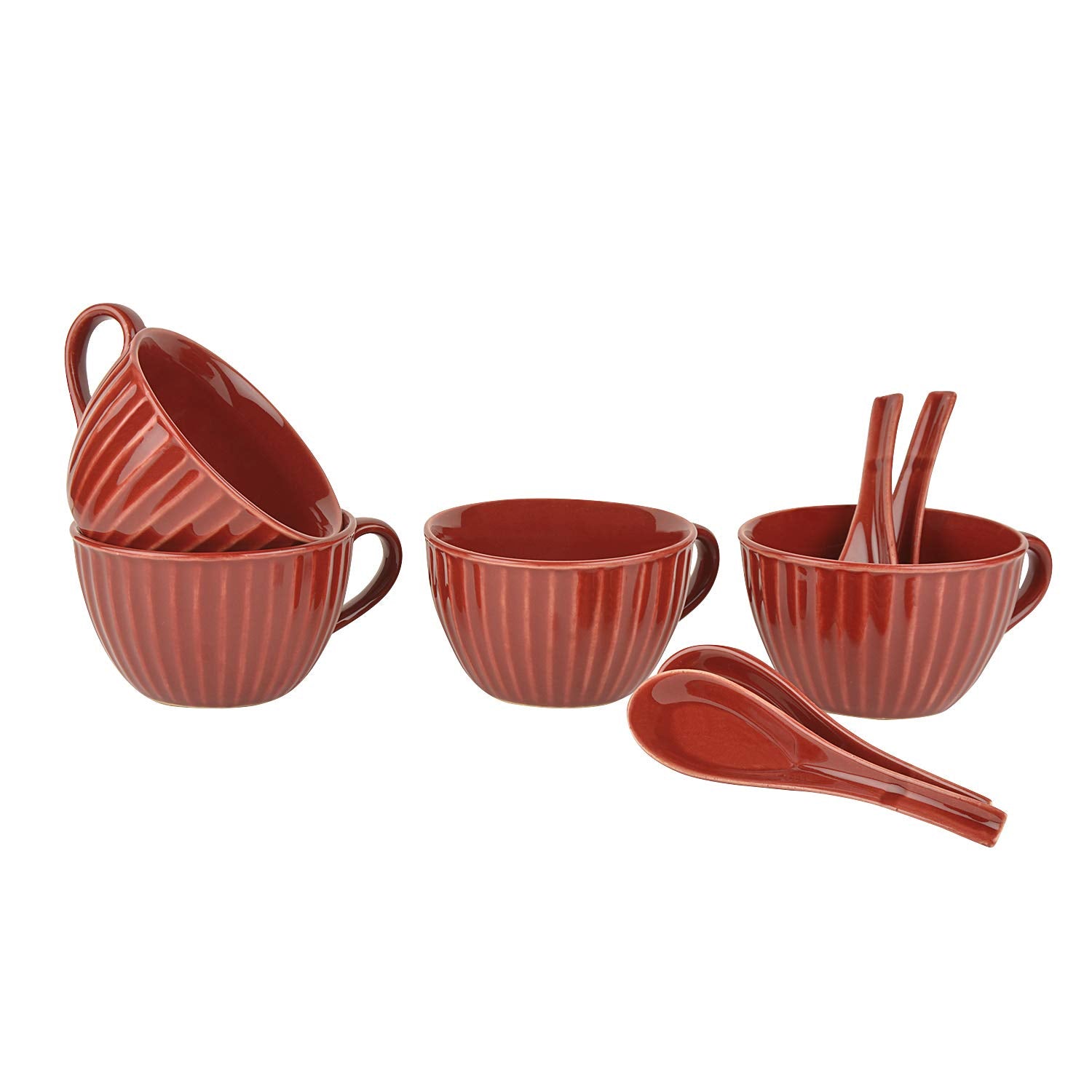 Studio Pottery Hand Glazed Ceramic Soup Cup With Spoon Set Of 4 - 300ml Each, Cherry Red | Cereal Cups - Maggi Serving Bowls