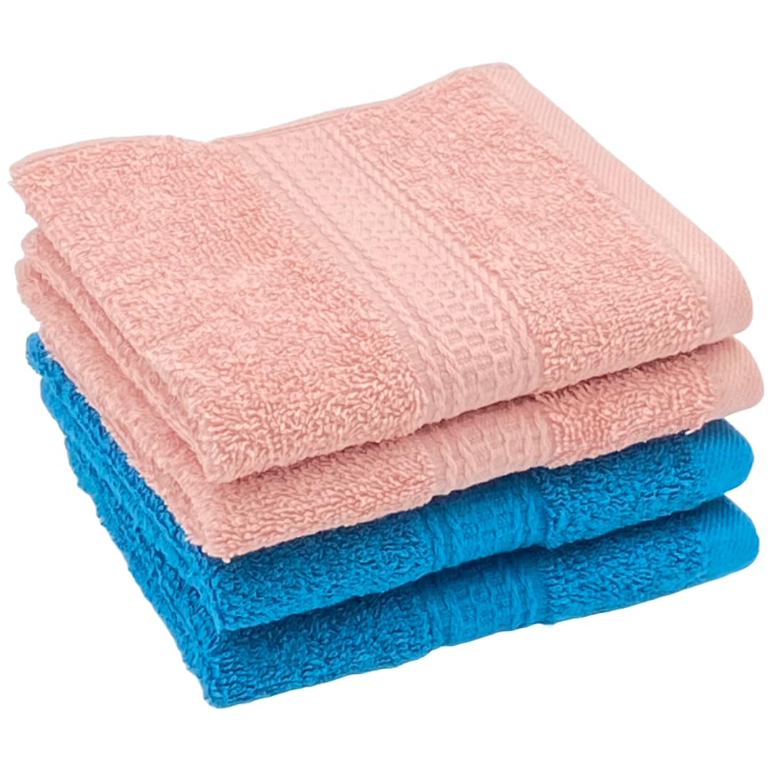 Patpug 100% Indian Ultra Soft Cotton Face Towel 500 Gsm | Napkin, Baby Face Towel, For Facewash, Gym, Travel, Hanky (Turqoiuse Blue & Baby Pink) | Pack Of 4