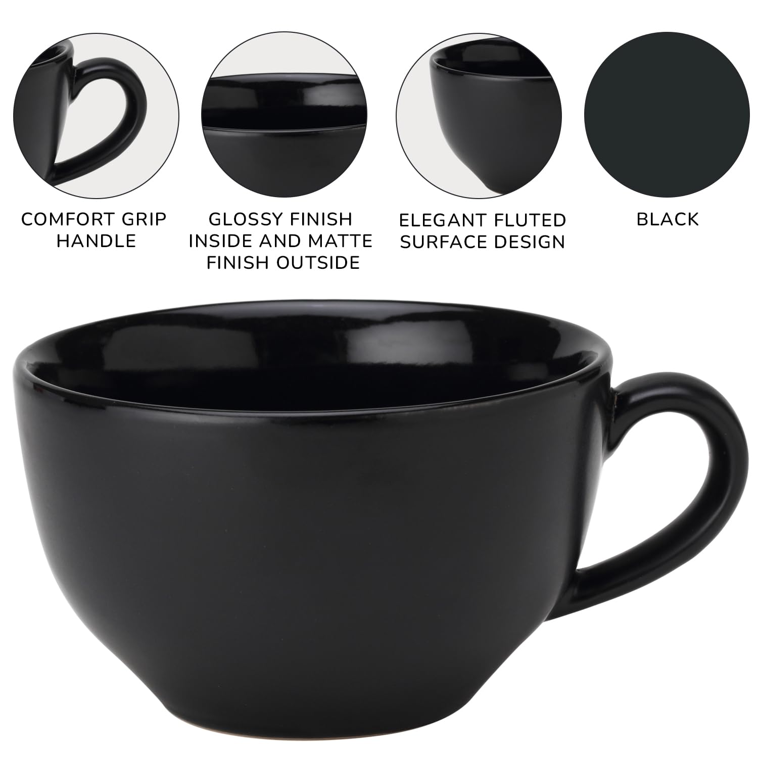 Ceramic Soup & Coffee Wide Large Mug With Handle - Set Of 2, 350ml Each, Black | Bone Ash Free & Microwave Safe - For Maggi, Cappuccino, Latte, Green Tea - Matte Finish