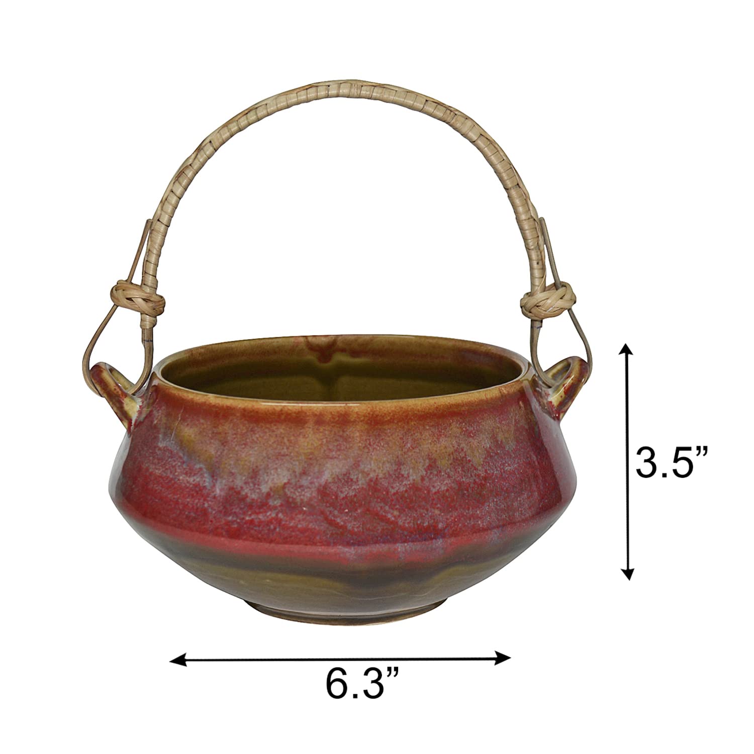 Studio Pottery Glazed Serving Donga With Cane Handle - Red & Black, 1000ml | Dinner Snack Serving Bowl - Unique Design Donga - Serving Bowl