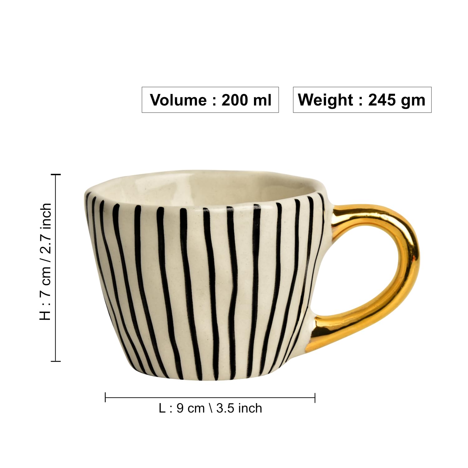 Premium Handmade Vertical Stripes Ceramic Coffee Mugs With Golden Handle Set Of 2 - 200ml Each, Black & White | Tea Cups & Mugs - Chai Cups