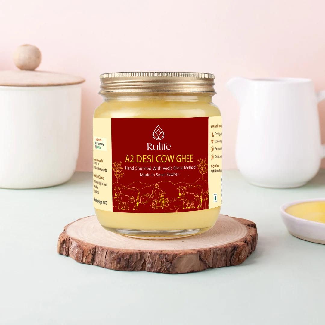 Premium A2 Desi Cow Ghee By Rulife | Bilona Method Curd-Churned Healthy Desi Ghee Good For Heart Health | (500ml) 16.9 Ounce | Jar Pack